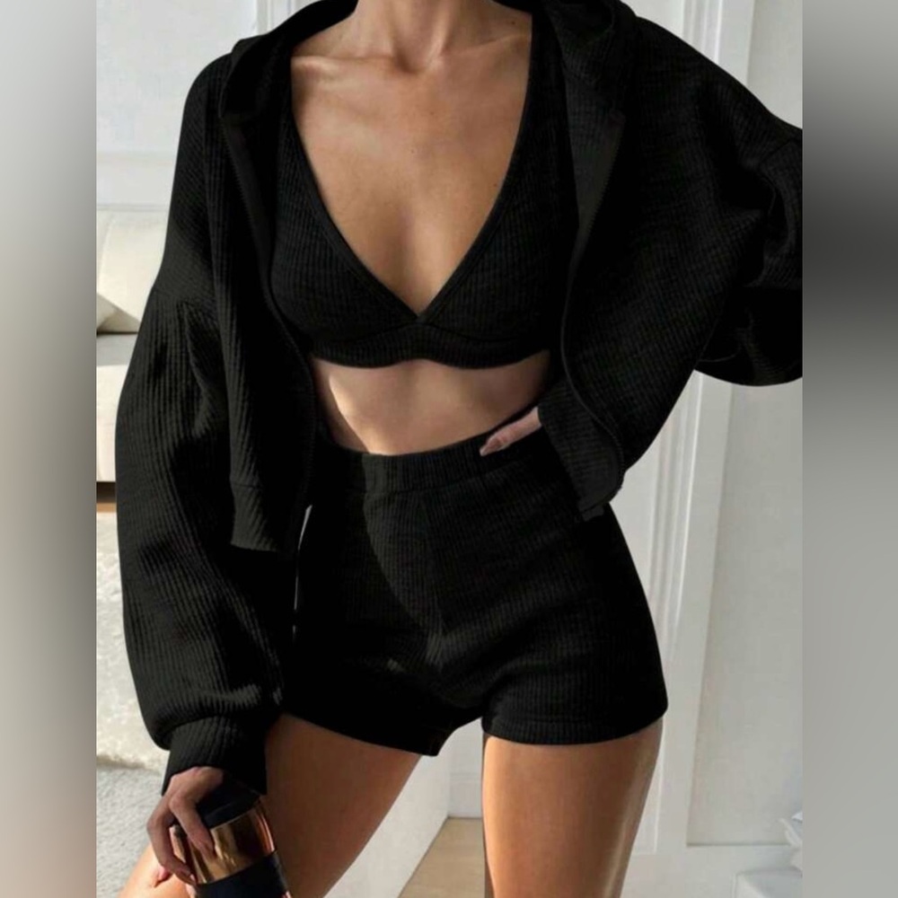 SHEIN Black Ribbed Lounge Set — 3-Piece(Cardigan, Top, Shorts)‼️Worn Only Once‼️